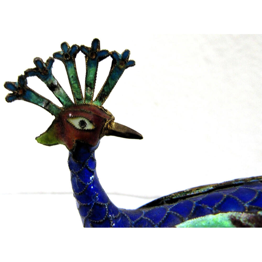 Antique Chinese Silver Gilt Cloisonne Jeweled Peacock Bird Sculpture 19th C. - Picture 12 of 16